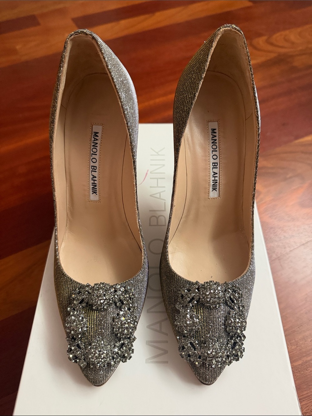 Manolo Blahnik Silver Crystal-Embellished Pointed Pumps